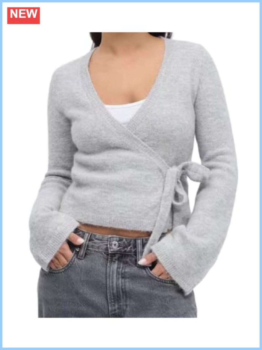 Women's Wrap Sweater Cardigan Side Tie Front V Neck Cropped Knit Lightweight